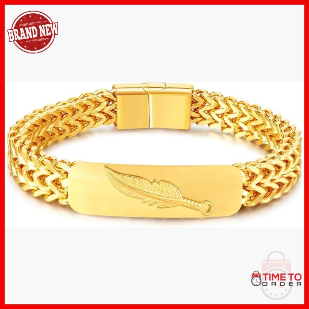 Solid 18K Gold Cuban Chain Bracelet Feather Design Unisex Gift